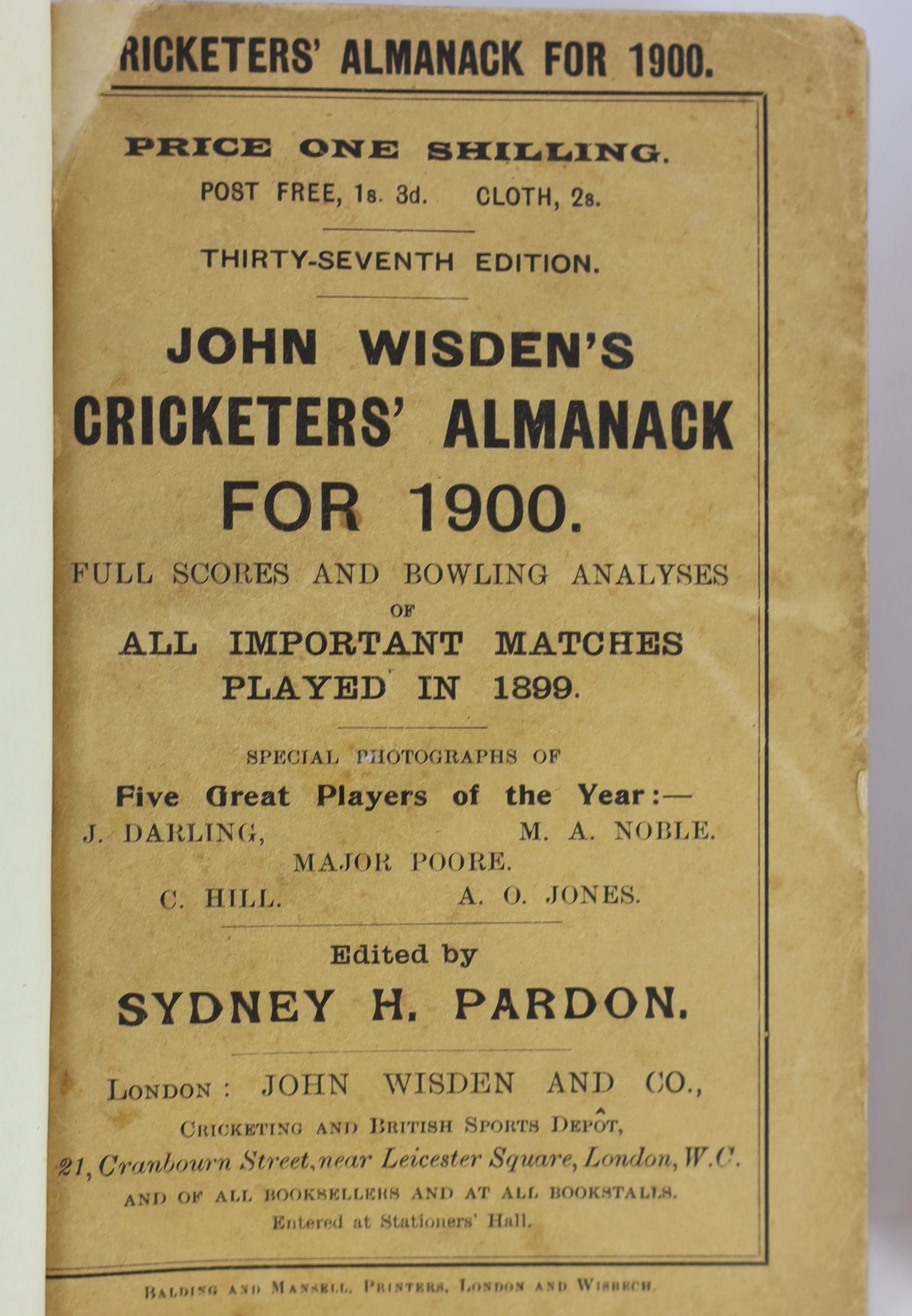 Wisden, John - Cricketers’ Almanack for the years, 1900 (37th edition) - 1906 (43rd edition), all rebound brown cloth gilt, and retaining original paper wrappers, loss to bottom left front wrapper to 40th edition of 1903